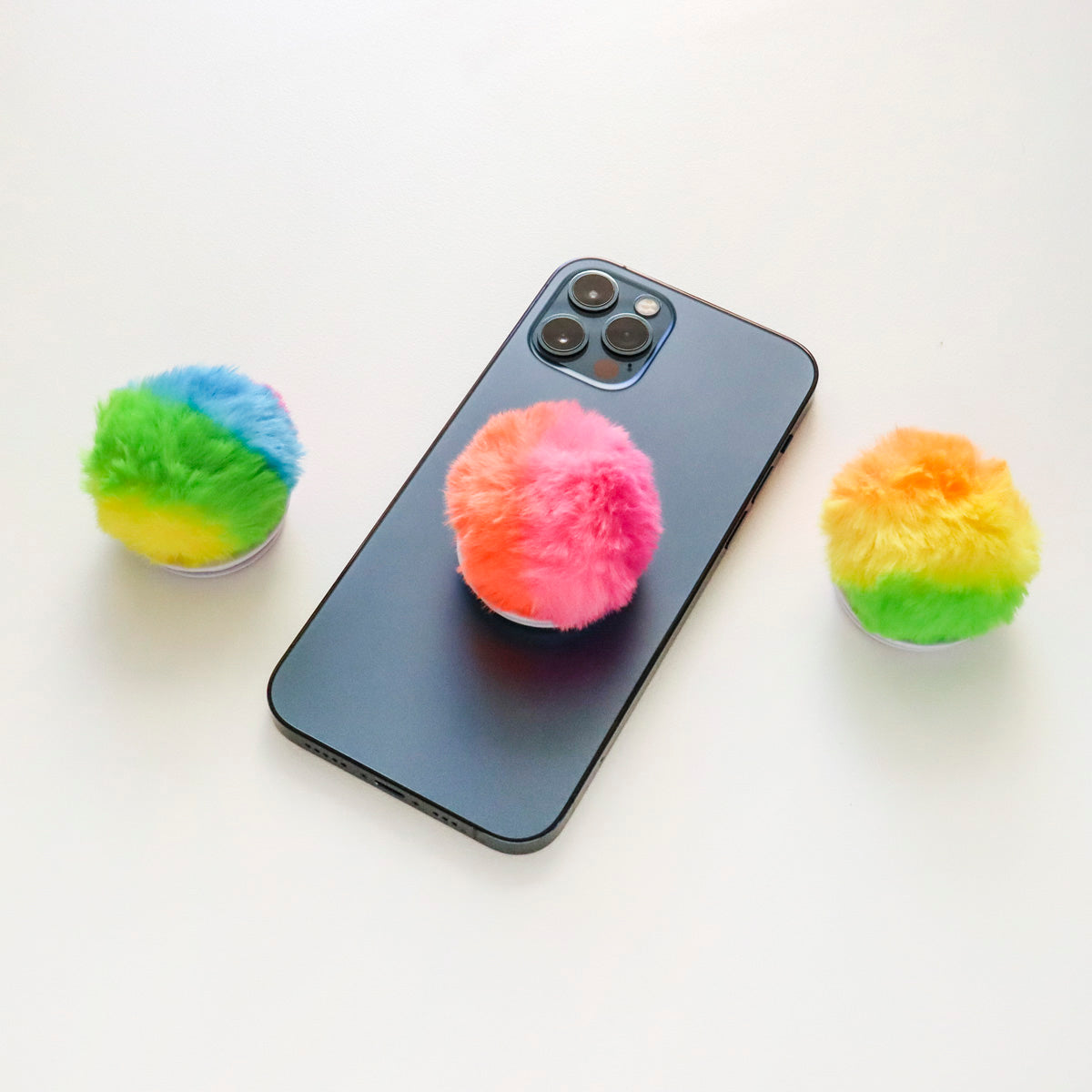 Cute Faux/Fur Pom Pom Phone Grip  Rainbow color fur griptok, Cute Phone Stand Mobile Holder Phone Grip Griptok