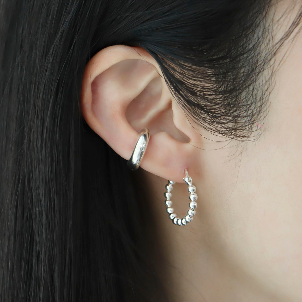 925 sterling silver beaded balls ring hoop earrings, One Touch silver beaded ball ring Huggie Hoop Earrings,Second Hole Huggie Hoop Earrings