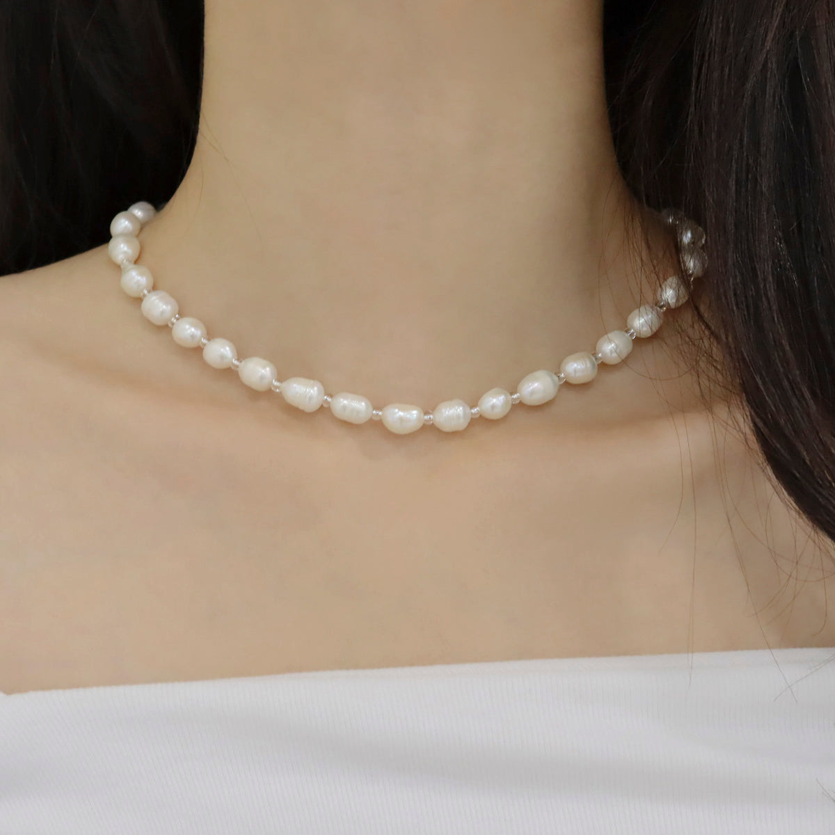 Genuine Freshwater Pearl and czech glass beads choker necklace,Pearl layered necklace ,Slightly Irregular Shape Oval Round,simple daily pearl necklace