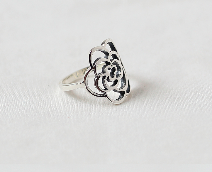 925 sterling silver Cut Out Camellia flower Ring, statement ring