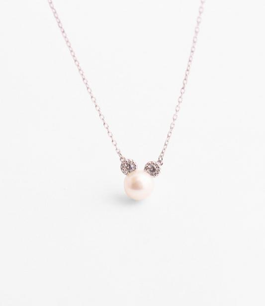 925 Sterling Silver Pearl Mickey Mouse detailed with CZ Necklace