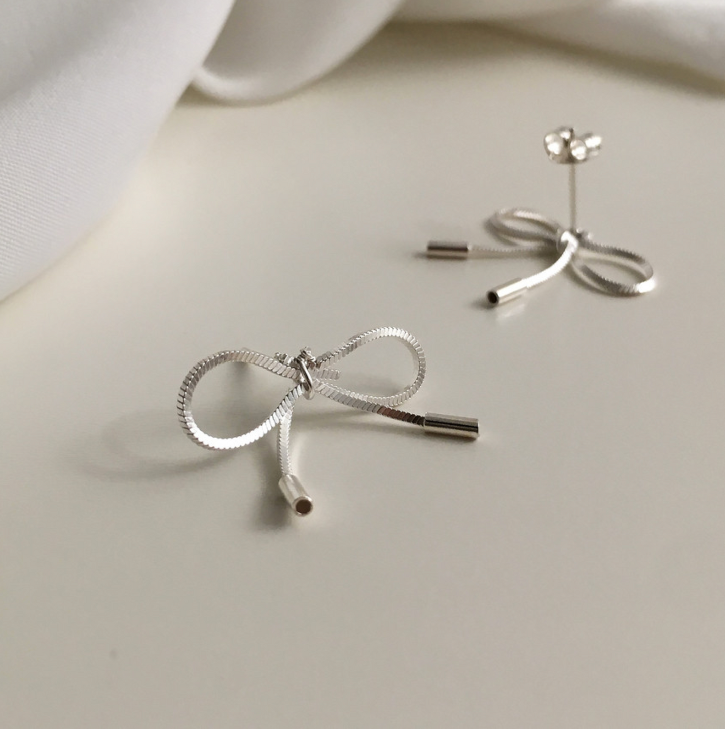 925 sterling silver Silk chain Bow earrings ,Snake chain Ribbon earrings