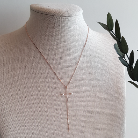 925 sterling silver long chain cross Pendent necklace detailed with Pearls ,Pearl Cross Necklace