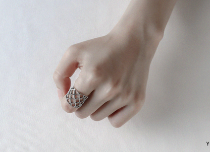 925 Sterling Silver Thick lace Cuff ring, Filigree Tube ring, Net Diamond ring,Wide and Thick ring, Stacking Ring