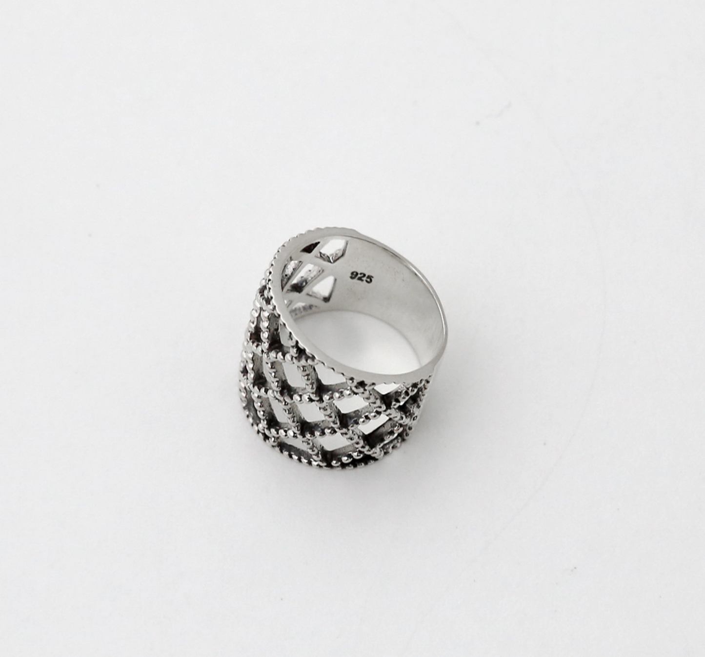 925 Sterling Silver Thick lace Cuff ring, Filigree Tube ring, Net Diamond ring,Wide and Thick ring, Stacking Ring
