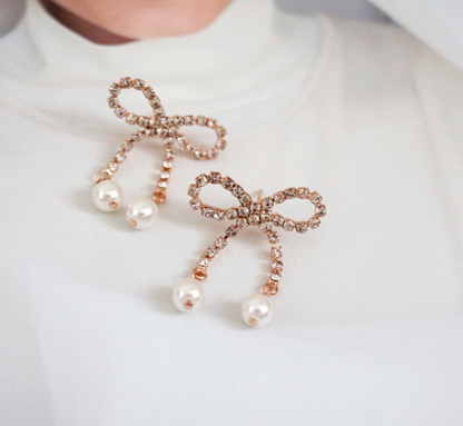 Rhinestone Bow and pearl earrings ,Ribbon earrings, Bow Drop Earrings with Cubic Zirconia