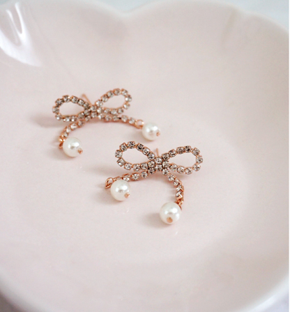 Rhinestone Bow and pearl earrings ,Ribbon earrings, Bow Drop Earrings with Cubic Zirconia