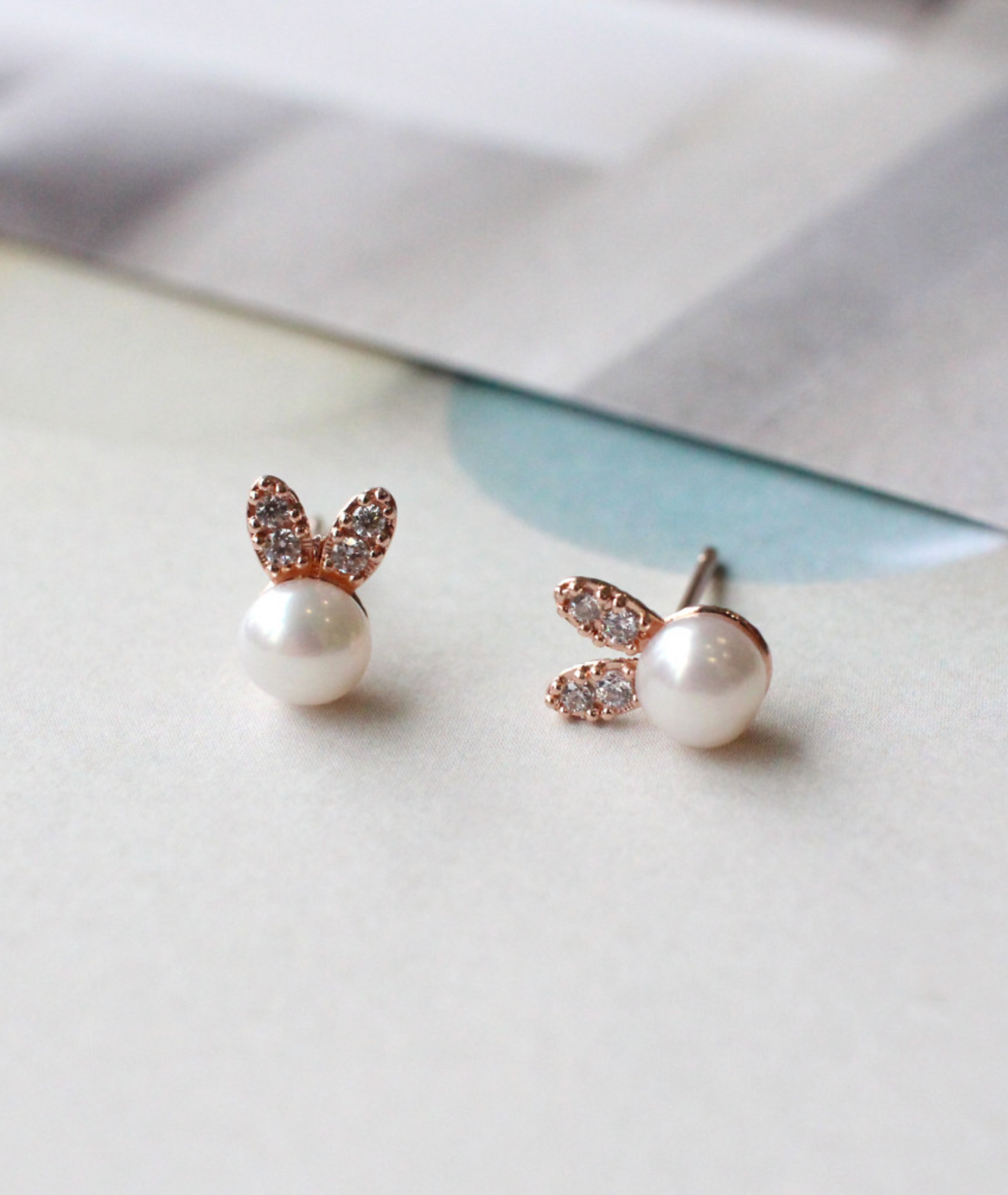 Pearl Bunny Rabbit face detailed with CZ Stud Earrings