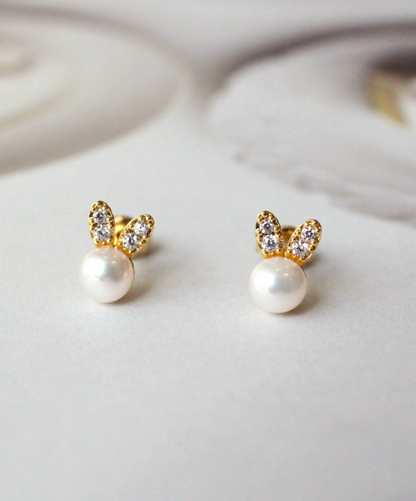 Pearl Bunny Rabbit face detailed with CZ Stud Earrings