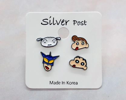 Set of 4 Cartoon characters earrings, Crayon Shin Chan and Shiro Stud earrings