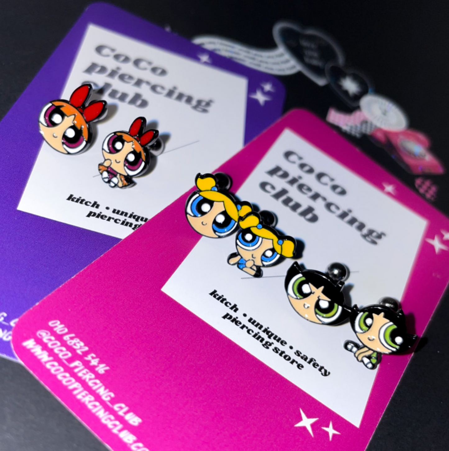 Powerpuff Girls Screwback Barbells Ear Piercing , Surgical Steel Screw Back Ear Stud ,Blossom,Bubbles,Buttercup