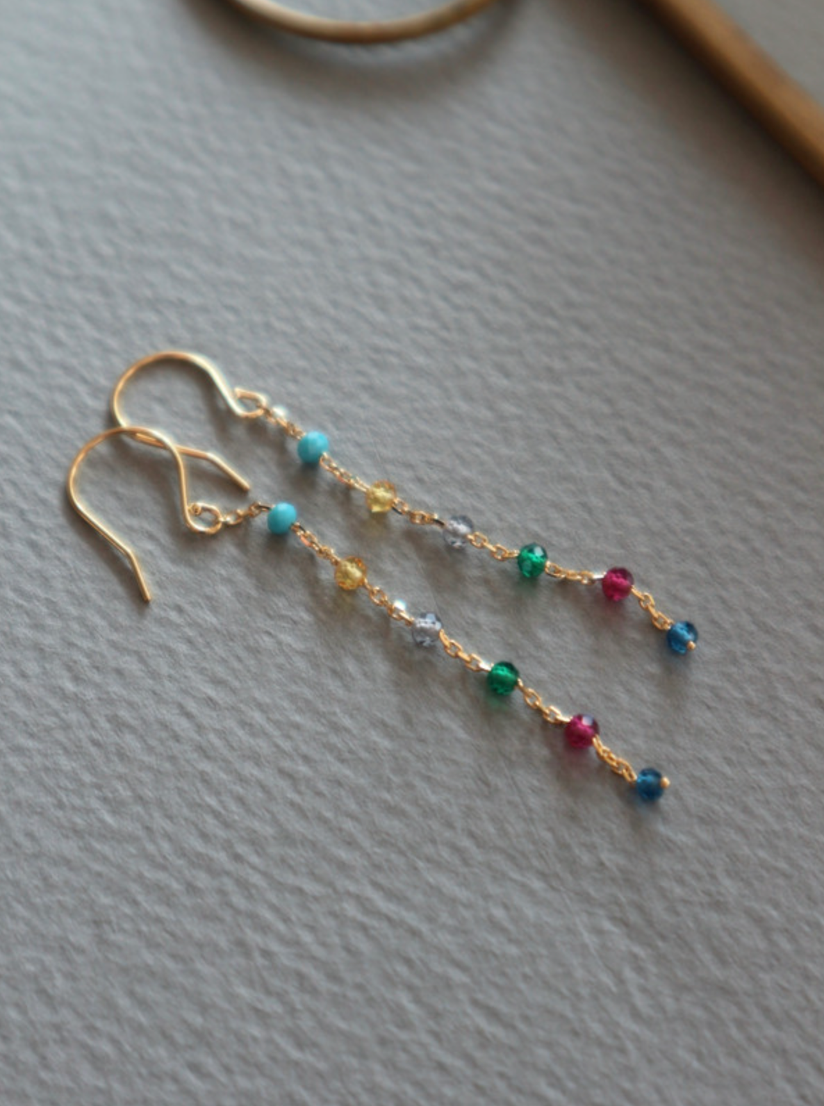 925 sterling silver Multicolor tiny gemstones dangle long chain hook earrings, Multicolor Station earrings