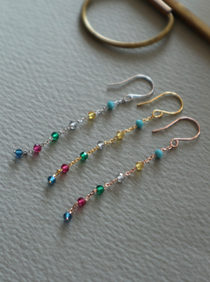 925 sterling silver Multicolor tiny gemstones dangle long chain hook earrings, Multicolor Station earrings