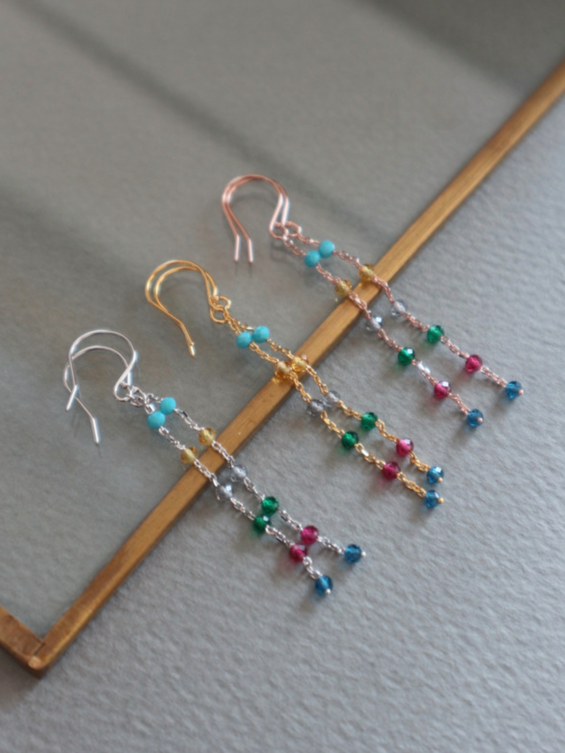 925 sterling silver Multicolor tiny gemstones dangle long chain hook earrings, Multicolor Station earrings