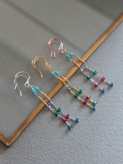 925 sterling silver Multicolor tiny gemstones dangle long chain hook earrings, Multicolor Station earrings