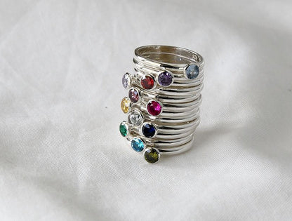 925 Sterling Silver Simple Stacking Ring detailed with colored Cubic Zirconia, birthstone ring, R1135S