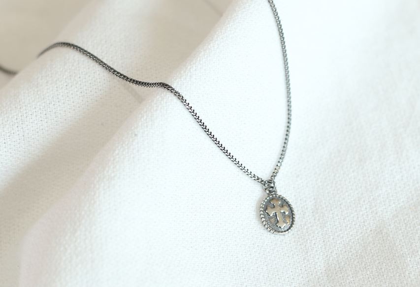 925 Sterling Oxidized Silver Vantage Coin medal , Cross and Hexagram Pendant Necklace