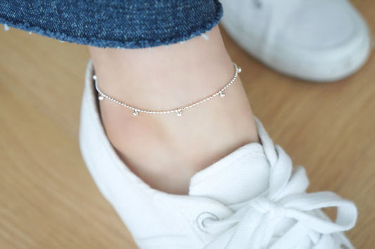 925 Sterling Silver Tiny silver balls dangle charms Anklet , Summer jewelry
