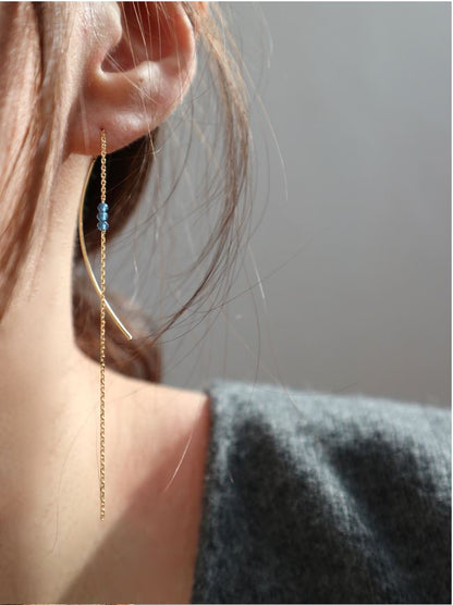 925 Sterling Silver long chain and bar drop hoop earrings, Sapphire drop ear threader, Long chain gemstones threader