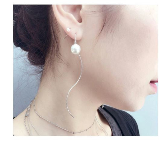 925 Sterling Silver Long chain and wave bar pearl drop Ear Threader, Long Pearl Drops earrings