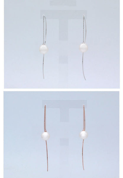 925 Sterling Silver Long chain and wave bar pearl drop Ear Threader, Long Pearl Drops earrings