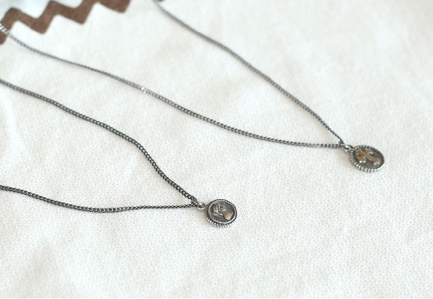 925 Sterling Oxidized Silver Vantage Coin medal , Cross and Hexagram Pendant Necklace