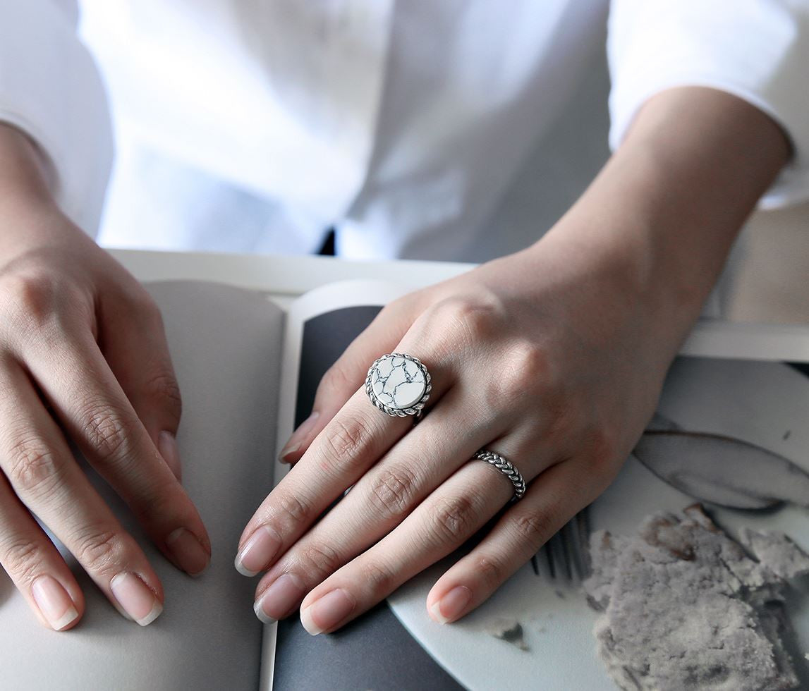 925 Sterling Silver Circle Disc Shape gemstone statement Stacking with twisted band Rings, Marble Stone Ring