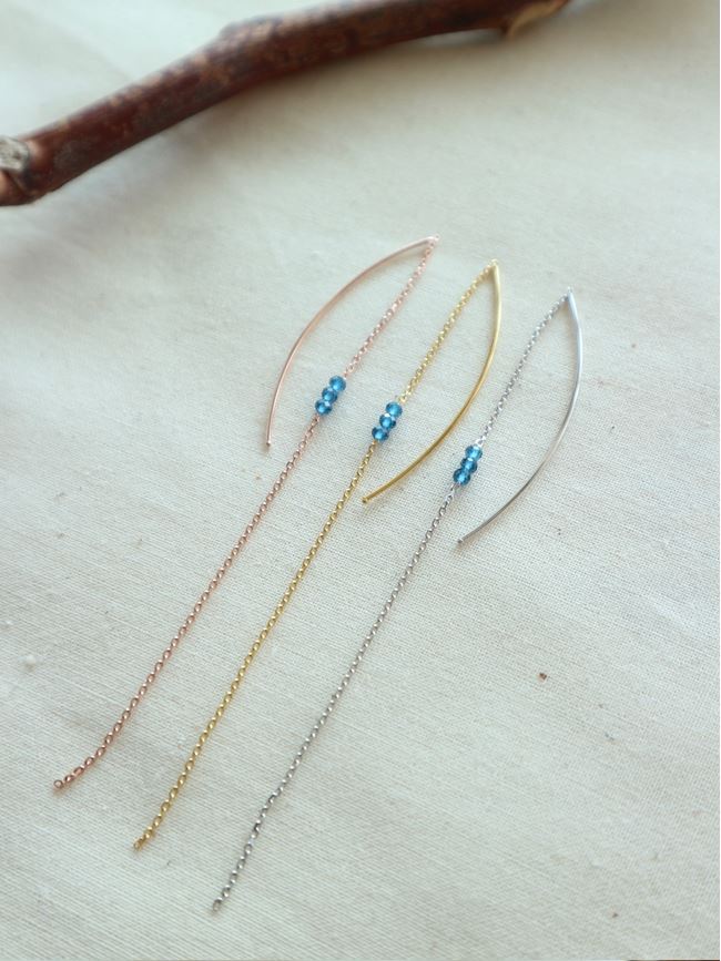 925 Sterling Silver long chain and bar drop hoop earrings, Sapphire drop ear threader, Long chain gemstones threader