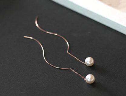 925 Sterling Silver Long chain and wave bar pearl drop Ear Threader, Long Pearl Drops earrings