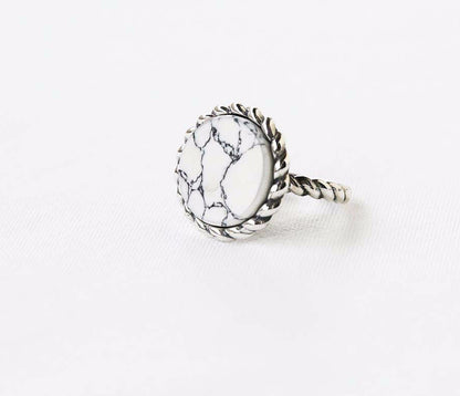 925 Sterling Silver Circle Disc Shape gemstone statement Stacking with twisted band Rings, Marble Stone Ring