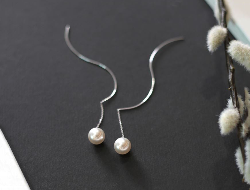 925 Sterling Silver Long chain and wave bar pearl drop Ear Threader, Long Pearl Drops earrings