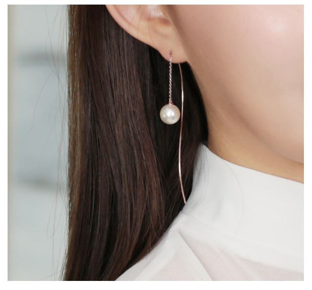 925 Sterling Silver Long chain and wave bar pearl drop Ear Threader, Long Pearl Drops earrings