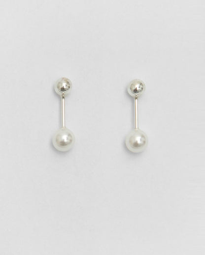 925 Sterling Silver Pearl and thin Stick Bar earrings , Barbell style Pearl earrings ,slim bar drop pearl earrings