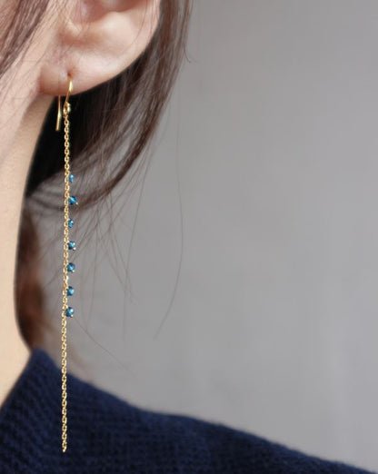 925 Sterling Silver long chain drop hoop earrings, Sapphire drop earrings, Long chain hook earrings