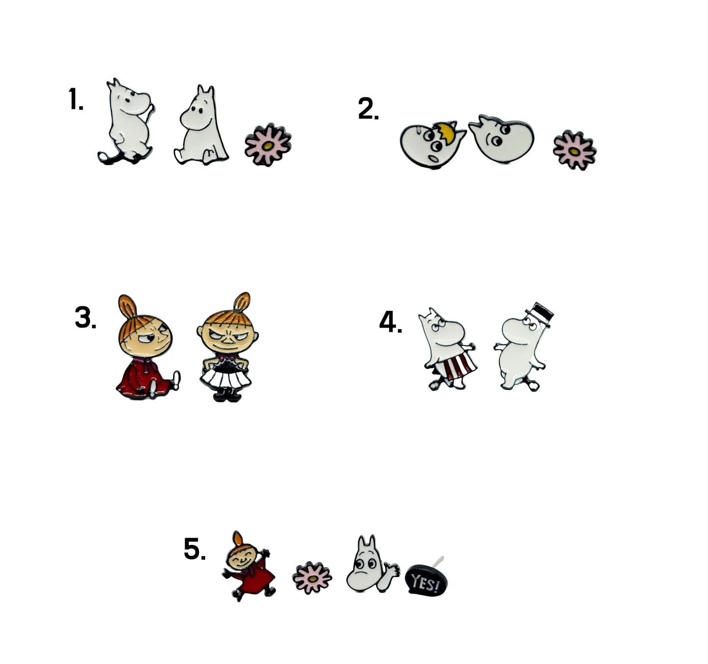 Cute Moomintroll characters earrings, Moominpapa, Moominmama Little My, Cartoon characters earrings