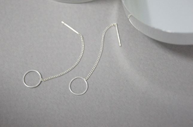 925 sterling silver Square and Circle Hoop Ear Thread, Open square Chain Earrings,Geometric Open square long earrings, circle long earrings