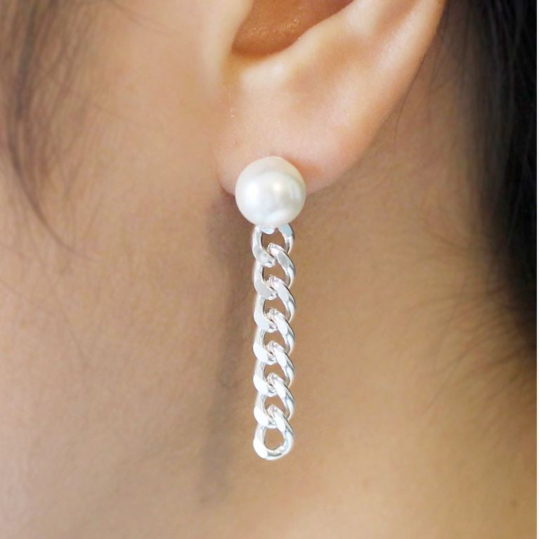 925 Sterling Silver Fresh water Pearl and Curb Link Chain  Statement earrings, Pearl and silver chain Drop Earrings