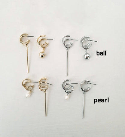 Double ring hoop earrings, bar drop earrings, ball pearl drop unbalance earrings