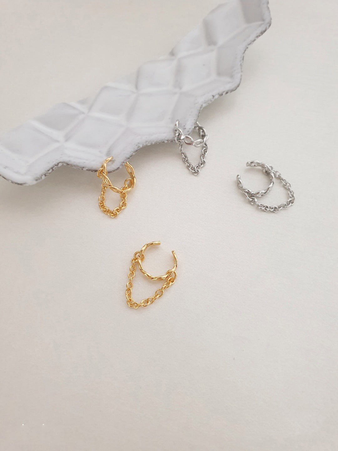 Set of 2 pearl line earcuff, chain ear wrap, dangling chain conch ear cuffs, non pierced earrings