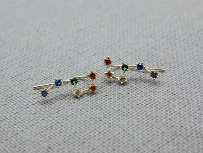 Rainbow Cubic Big Dipper Constellation Ear Climber Earrings, Stars ear pin, Rainbow CZ Crawler