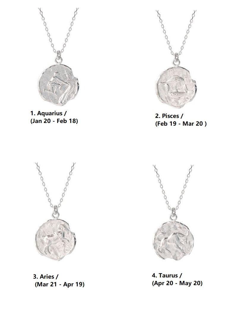 925 sterling silver Zodiac Sign coin Necklace / Constellation Signs medal necklace /Vintage coin necklace