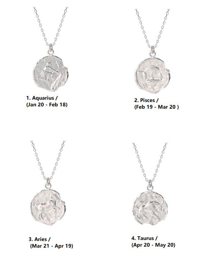 925 sterling silver Zodiac Sign coin Necklace / Constellation Signs medal necklace /Vintage coin necklace