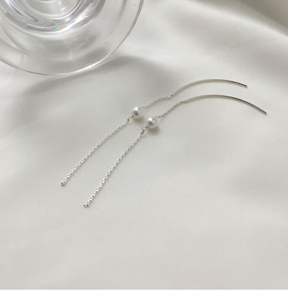 925 Sterling Silver Long Bar and pearl drop Ear Threader, Long chain pearl Drops earrings,