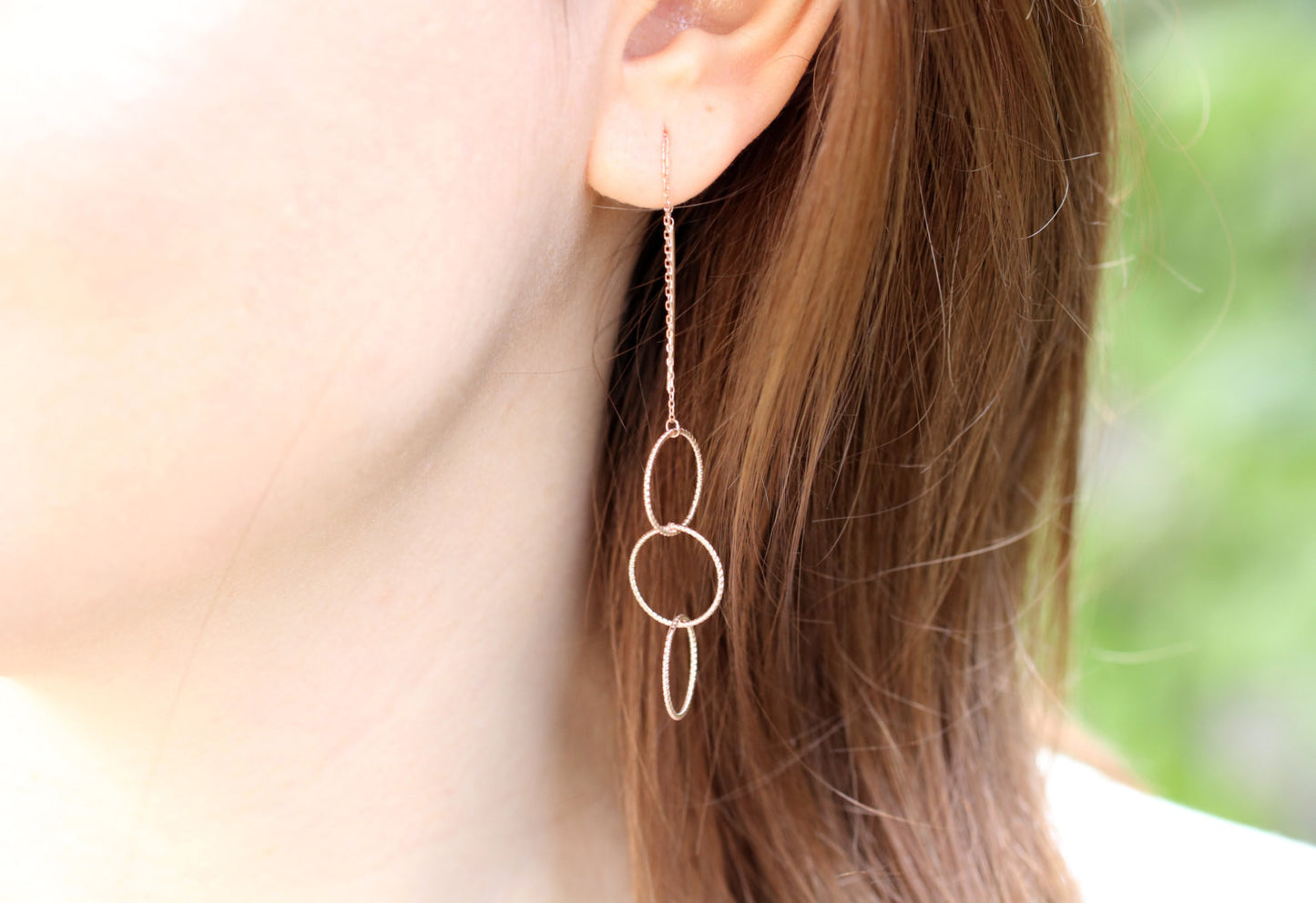 925 sterling silver Three Circles Ear Threader , Interlocking rings Chain Earrings, Geometric Circles long earrings,