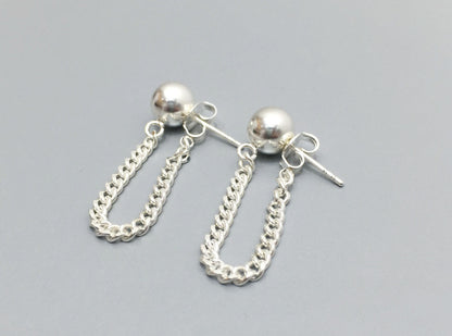 925 Sterling Silver Ball and Long Chain Front and Back earrings, U chain ear jacket, Long chain dangle earrings