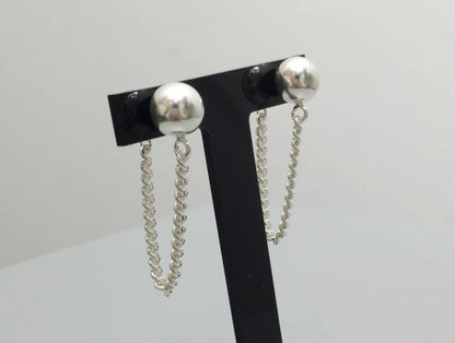 925 Sterling Silver Ball and Long Chain Front and Back earrings, U chain ear jacket, Long chain dangle earrings