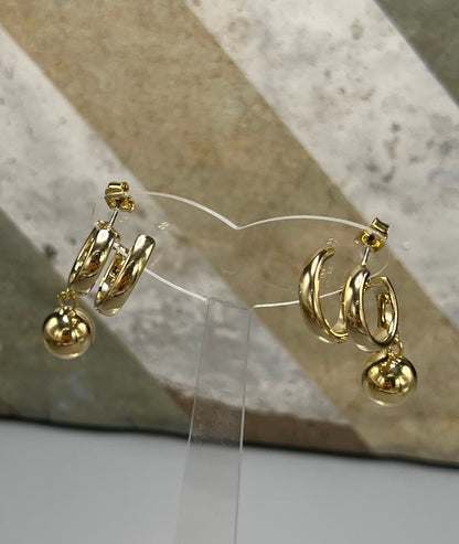 Double ring hoop earrings, ball drop earrings, ball drop ear cuff