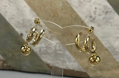 Double ring hoop earrings, ball drop earrings, ball drop ear cuff