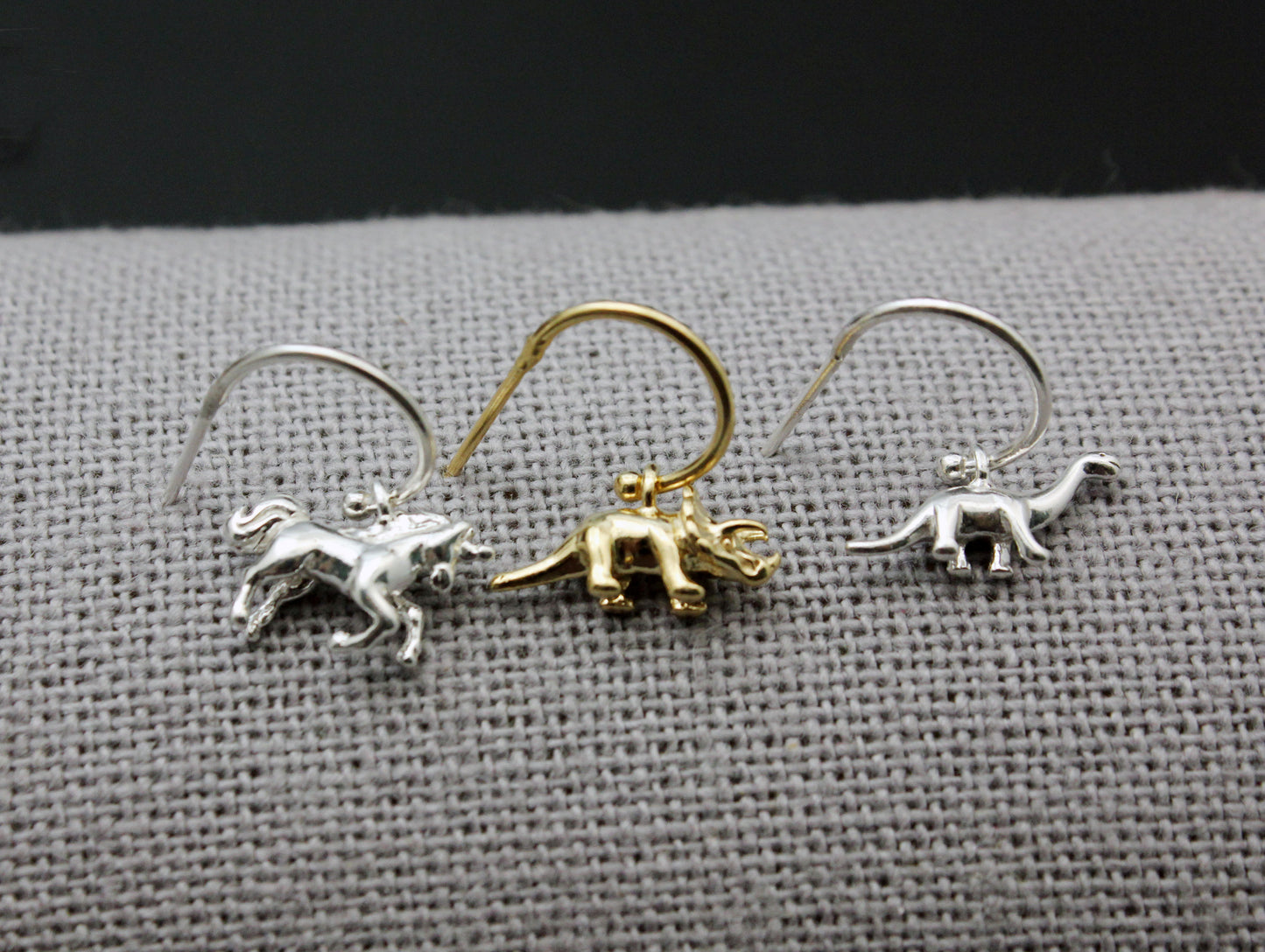 925 sterling silver Dino Dinosaur dangle earrings, Triceratops earrings, Brachiosaurus earrings, Unicorn earrings