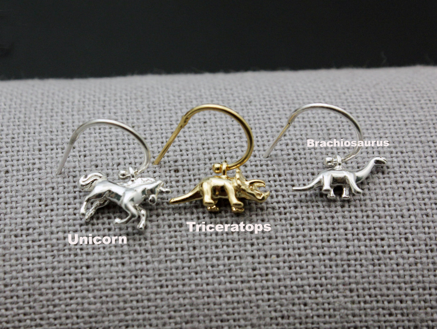 925 sterling silver Dino Dinosaur dangle earrings, Triceratops earrings, Brachiosaurus earrings, Unicorn earrings